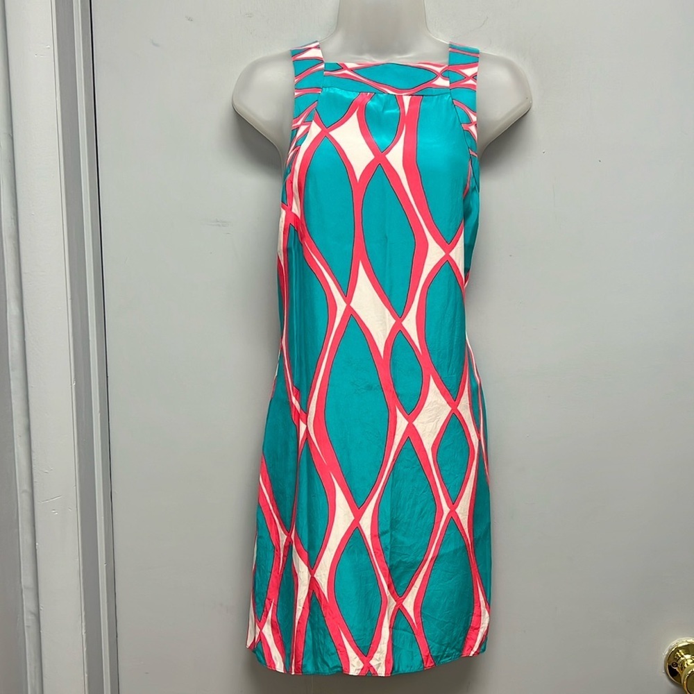 Alice & Trixie 100%Silk Teal/Pink/White Geometric Print Dress Size Large